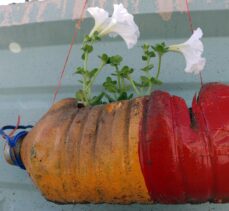 Ağrı'da gönüllü gençlerin çöpten topladıkları atık pet şişeler çiçek saksısına dönüştürülüyor