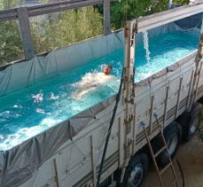 Antalya'da sıcak hava ve nemden bunalan çiftçi, havuza çevirdiği kamyonunun kasasında serinledi