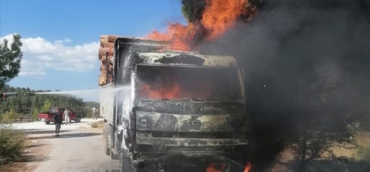 Muğla'da tomruk yüklü kamyon yandı