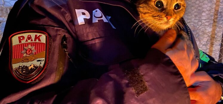 Depremde mahsur kalan kedi, polis tarafından iş makinesi yardımıyla kurtarıldı